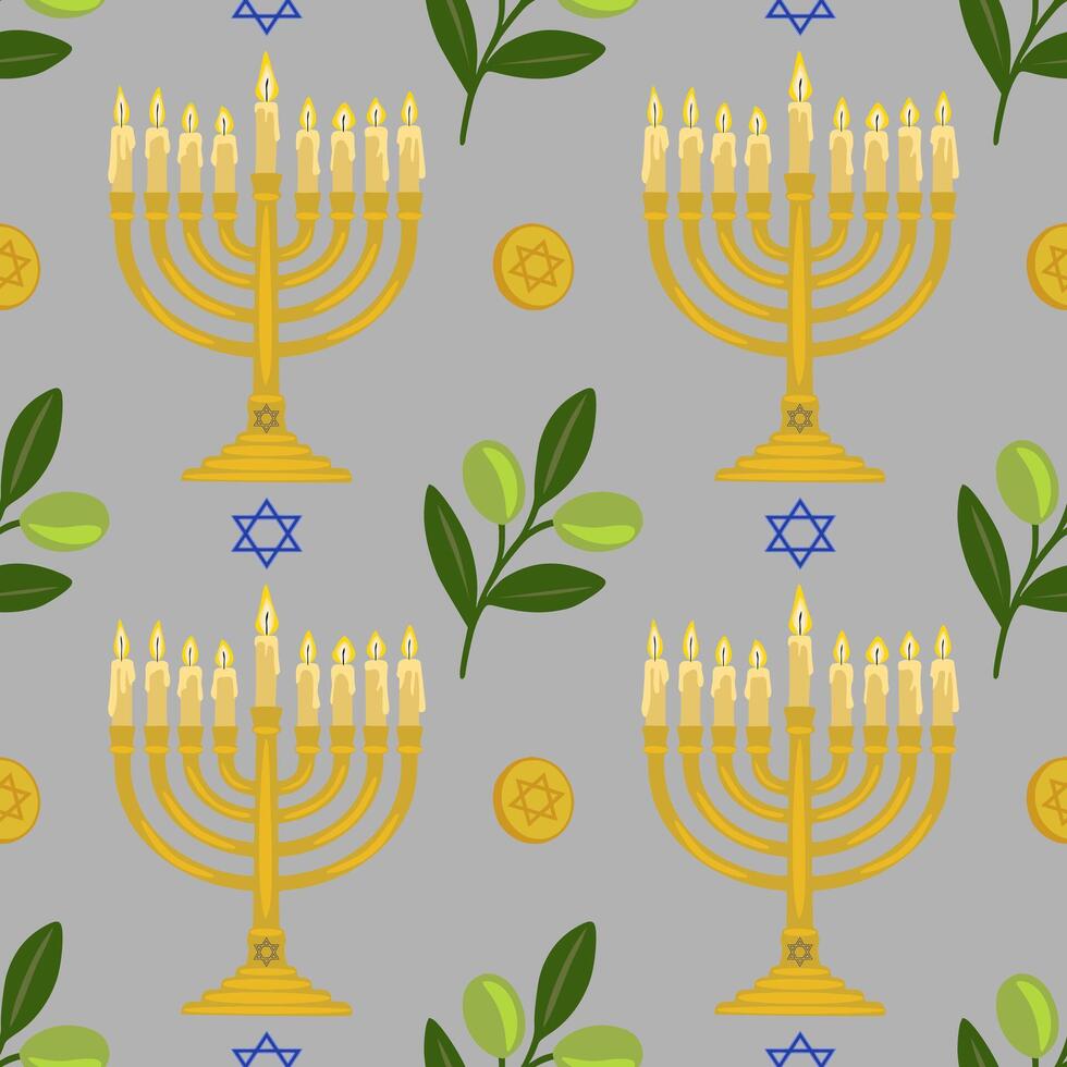 Seamless pattern featuring golden menorahs with lit candles, olive branches, and Star of David symbols, creating a festive Hanukkah design. vector