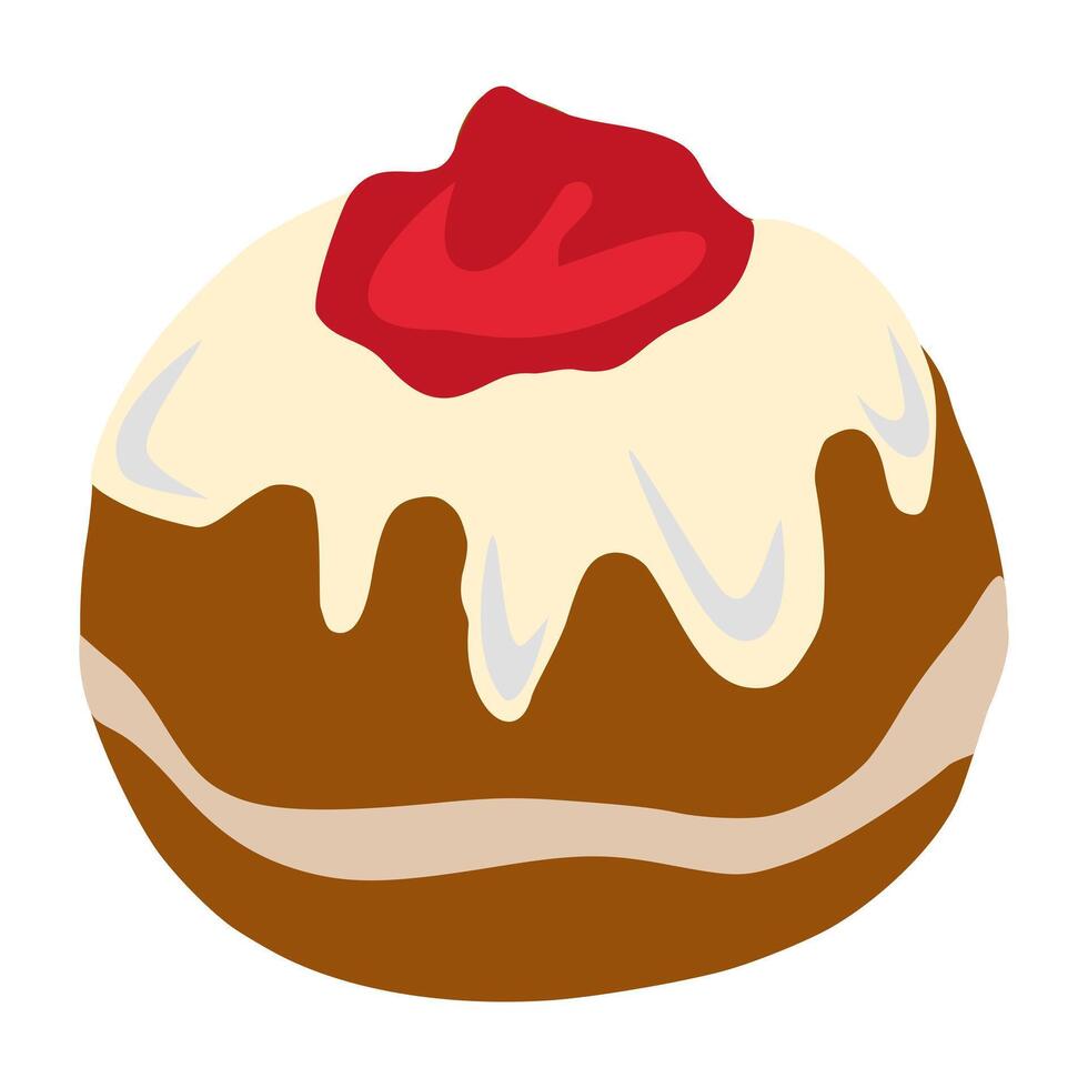A illustration of a Sufganiyot, a traditional Hanukkah jelly donut, featuring a detailed depiction of its brown dough, creamy white icing, and vibrant red jelly filling. vector