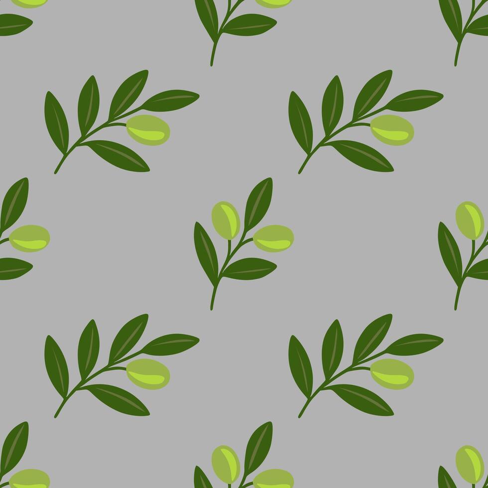 Seamless pattern of stylized olive branches with green olives and leaves on a grey background, perfect for textile design or wrapping paper. vector