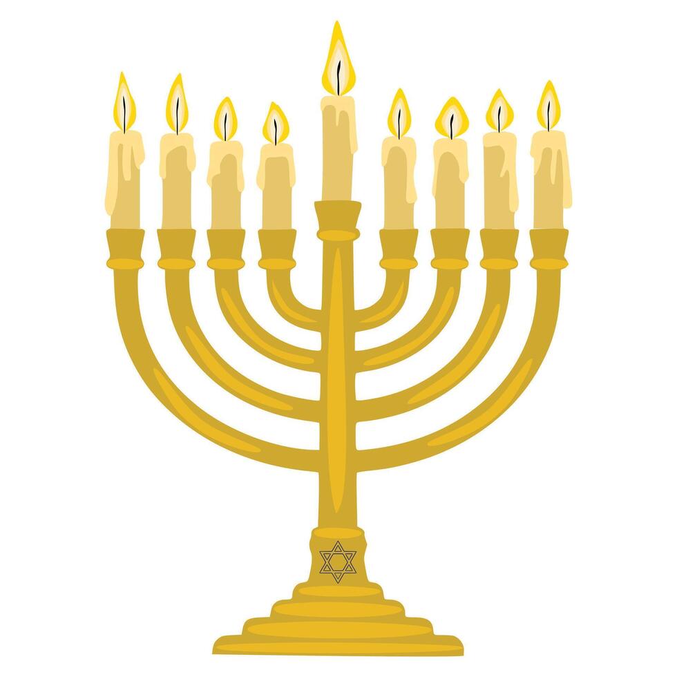 A illustration of a menorah, a traditional ninebranched candelabrum, with burning candles, featuring a detailed design and a Star of David on its base, perfect for Hanukkah celebrations. vector