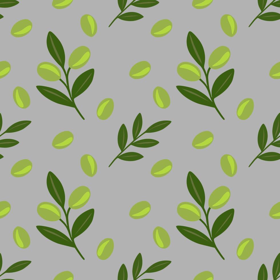 Seamless pattern of stylized olive branches and olives on a grey background, perfect for textile design or wrapping paper. vector