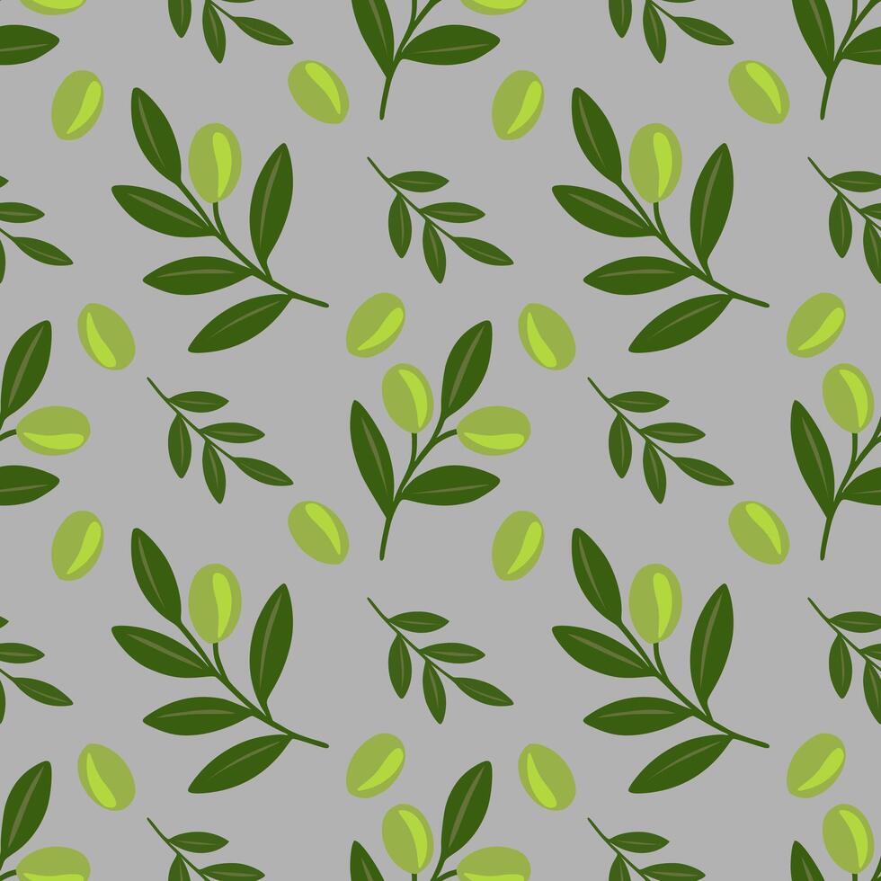 Seamless pattern of stylized green olives and leaves on a gray background, ideal for textile prints or packaging design. vector