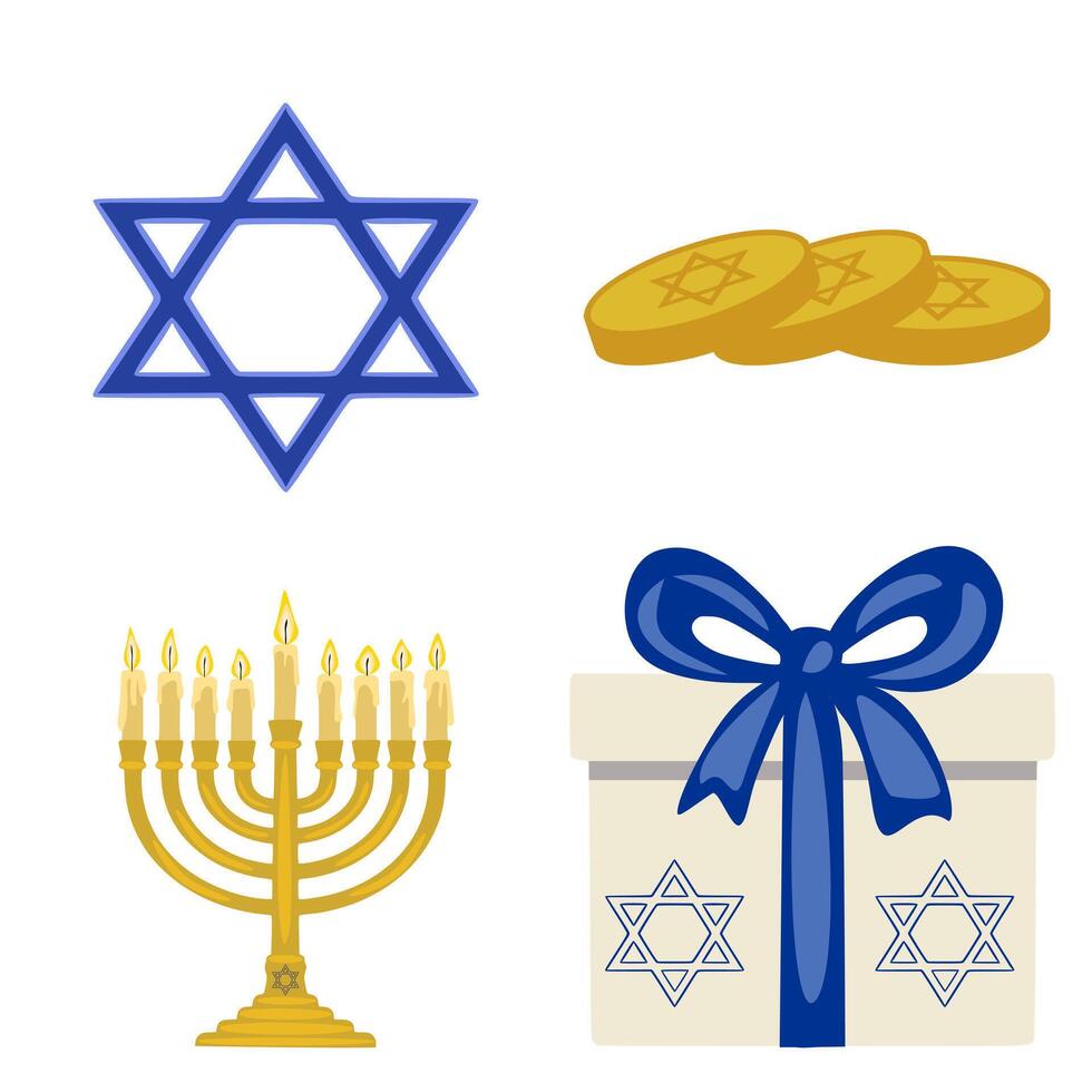 Festive Hanukkah Illustration Menorah, Star of David, Gift Box, and Gold Coins a vibrant depiction of traditional Hanukkah symbols vector
