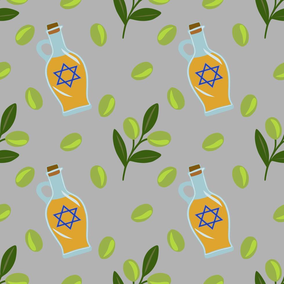 Seamless pattern of olive oil bottles with Star of David, olives, and olive branches, ideal for Hanukkah or Jewishthemed designs. vector
