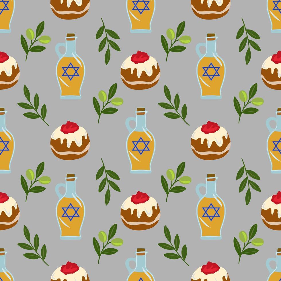 Seamless pattern featuring sufganiyot, olive branches, and bottles of oil with Star of David, ideal for Hanukkah celebrations and festive designs. vector