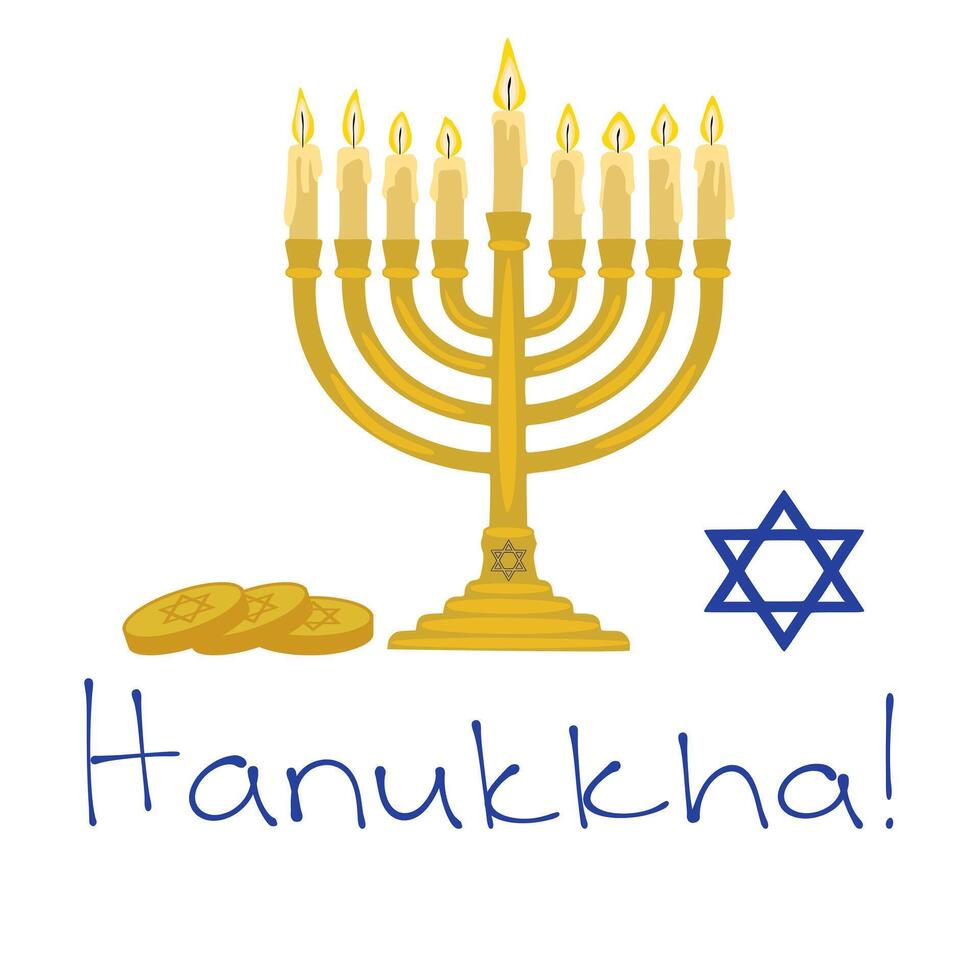 Festive Hanukkah illustration featuring a menorah, burning candles, gelt coins, and a Star of David, perfect for holiday greetings and designs. vector