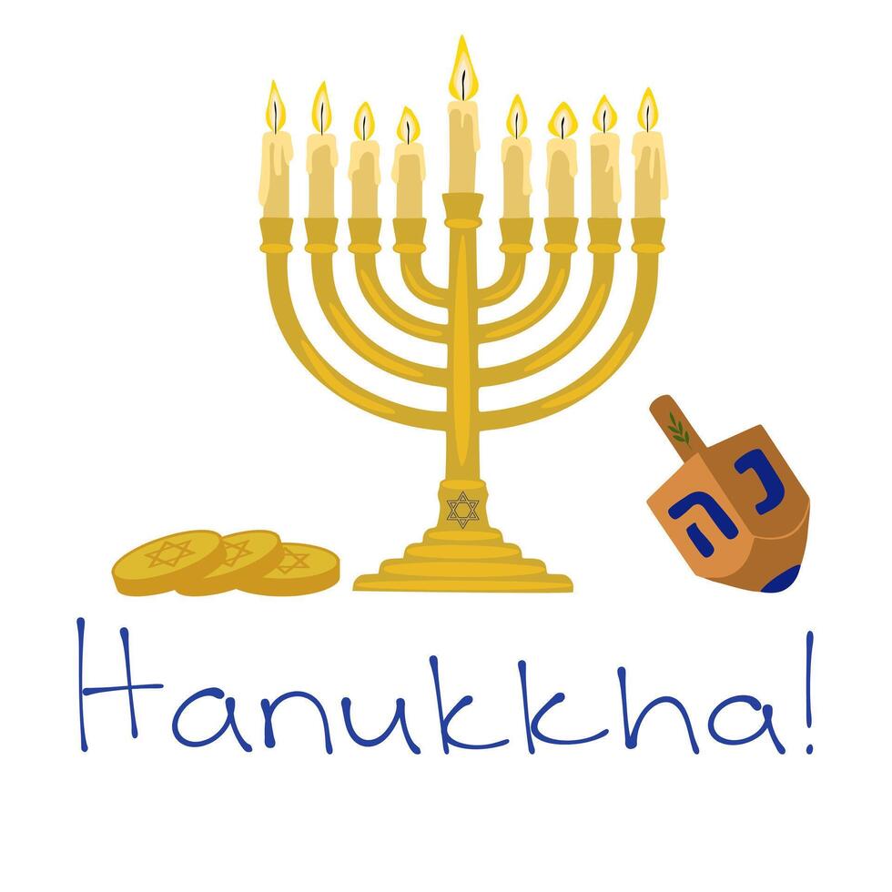 Festive Hanukkah illustration featuring a menorah with lit candles, dreidel, and gelt, perfect for holiday cards or invitations. vector
