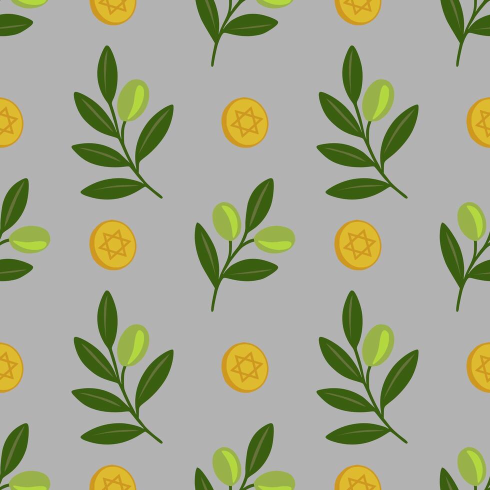 Seamless pattern featuring olive branches and Star of David coins, perfect for Hanukkah or Jewish holiday designs, symbolizing peace, prosperity, and tradition. vector