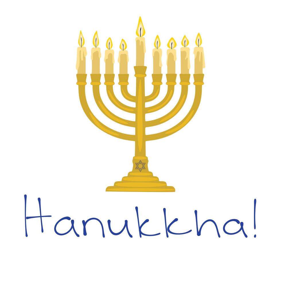 A illustration of a menorah with nine burning candles, a traditional symbol of Hanukkah, featuring a Star of David on the base, presented in a simple, flat style. vector