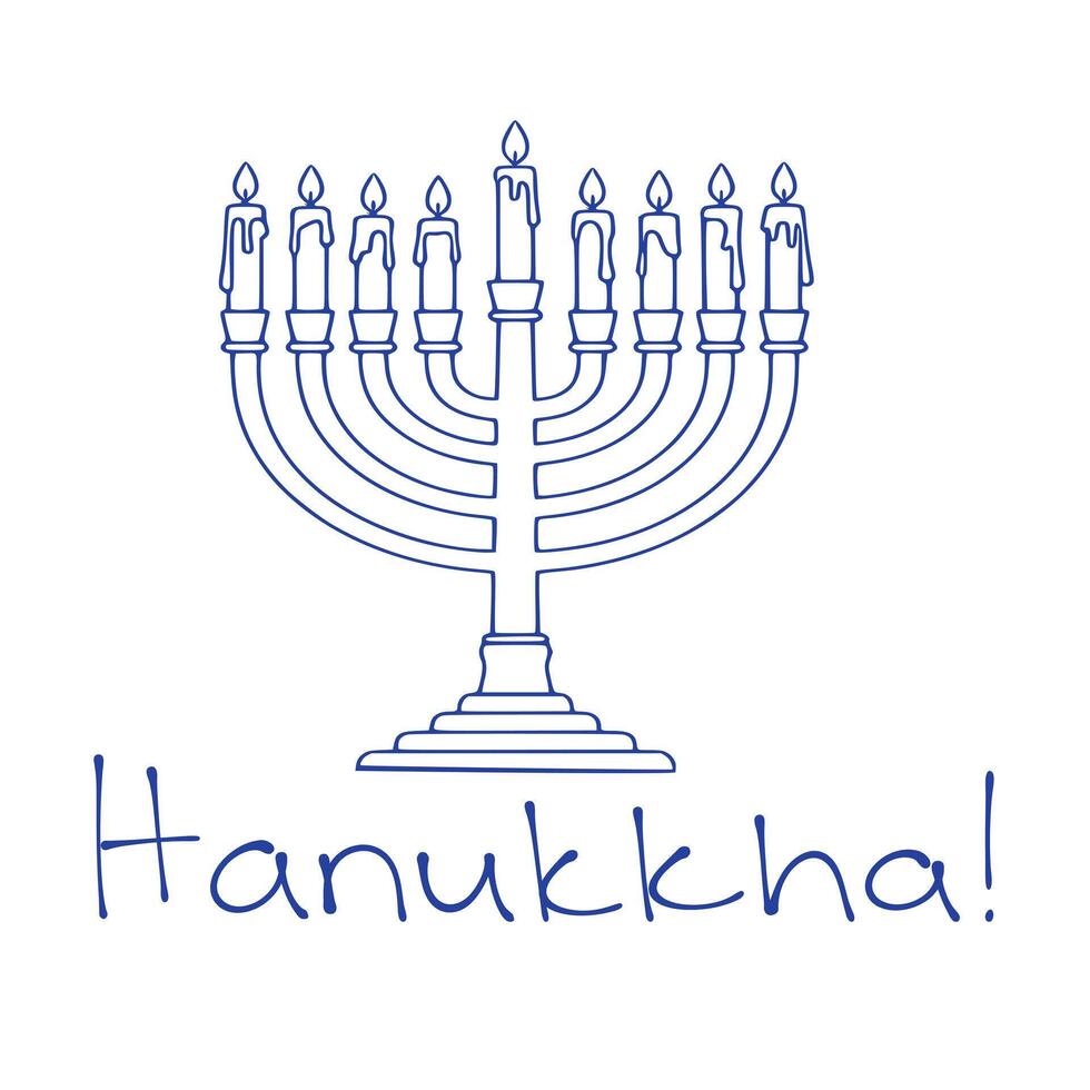 A illustration of a menorah with nine candles, perfect for Hanukkah cards or holiday designs, featuring a simple, elegant line art style in navy blue. vector