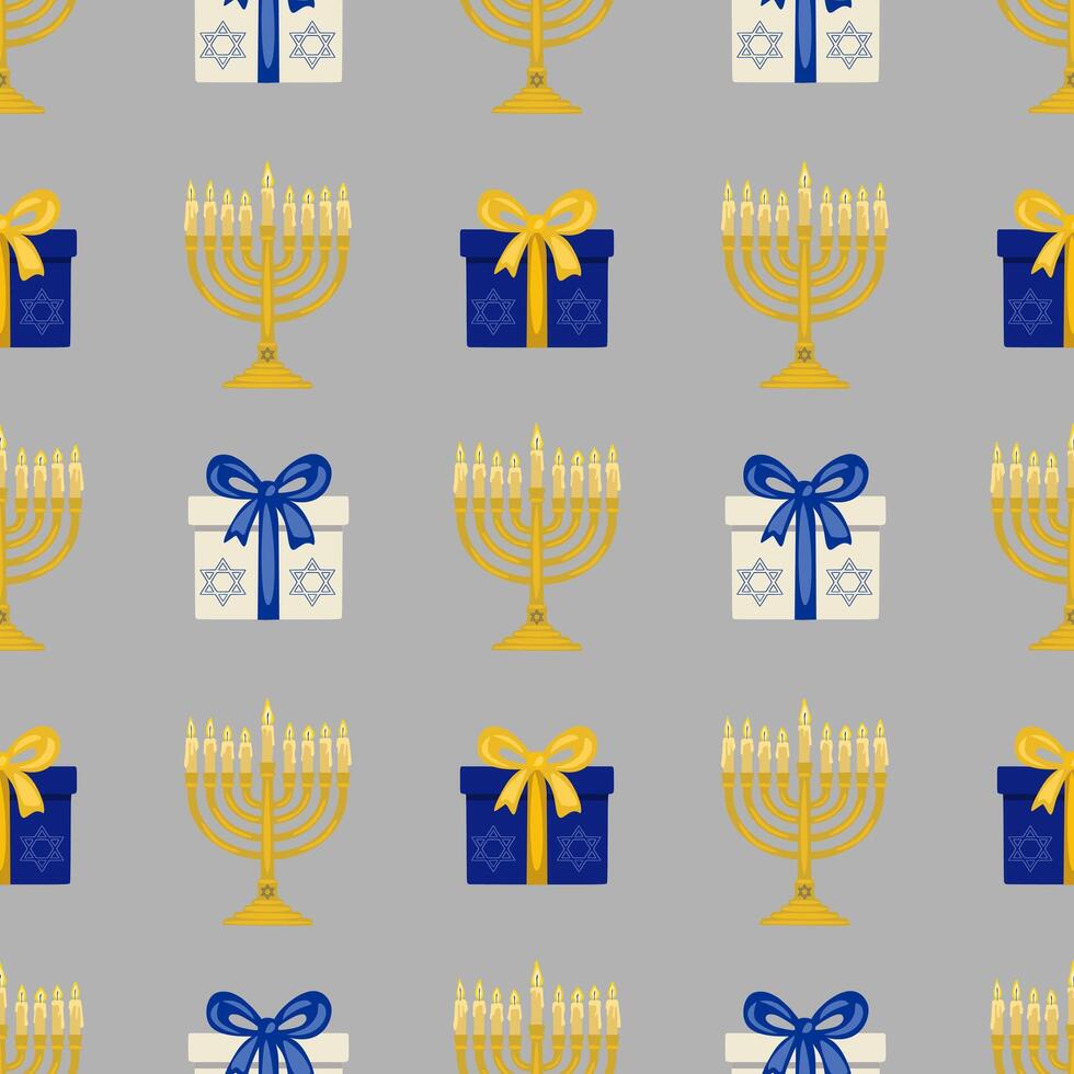 Seamless pattern featuring golden menorahs with lit candles and gift boxes adorned with Star of David, perfect for Hanukkah celebrations and festive designs. vector