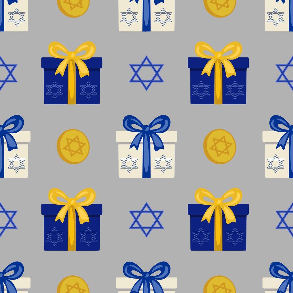 Seamless pattern featuring Hanukkah gifts, Star of David symbols, and gold coins, designed in a festive blue and gold color scheme on a grey background, perfect for holiday wrapping paper or... vector