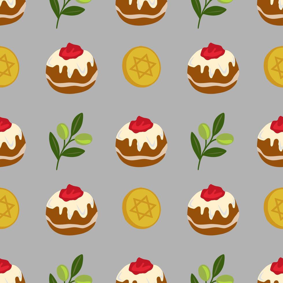Seamless pattern featuring Sufganiyot, olive branches, and Star of David coins, a festive design for Hanukkah celebrations. vector