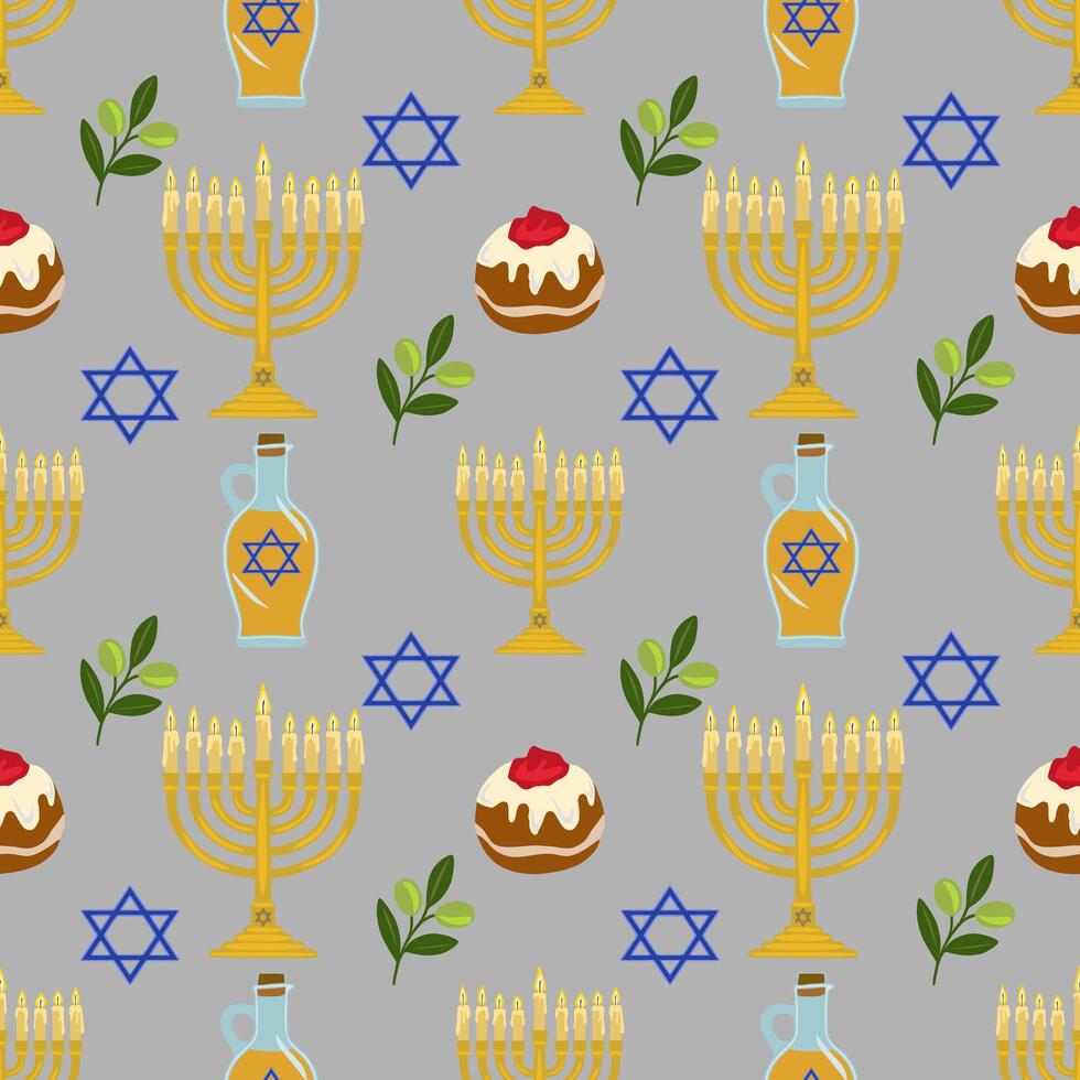Seamless pattern featuring menorah, olive branches, sufganiyot, and Star of David, illustrating the festive symbols of Hanukkah. vector