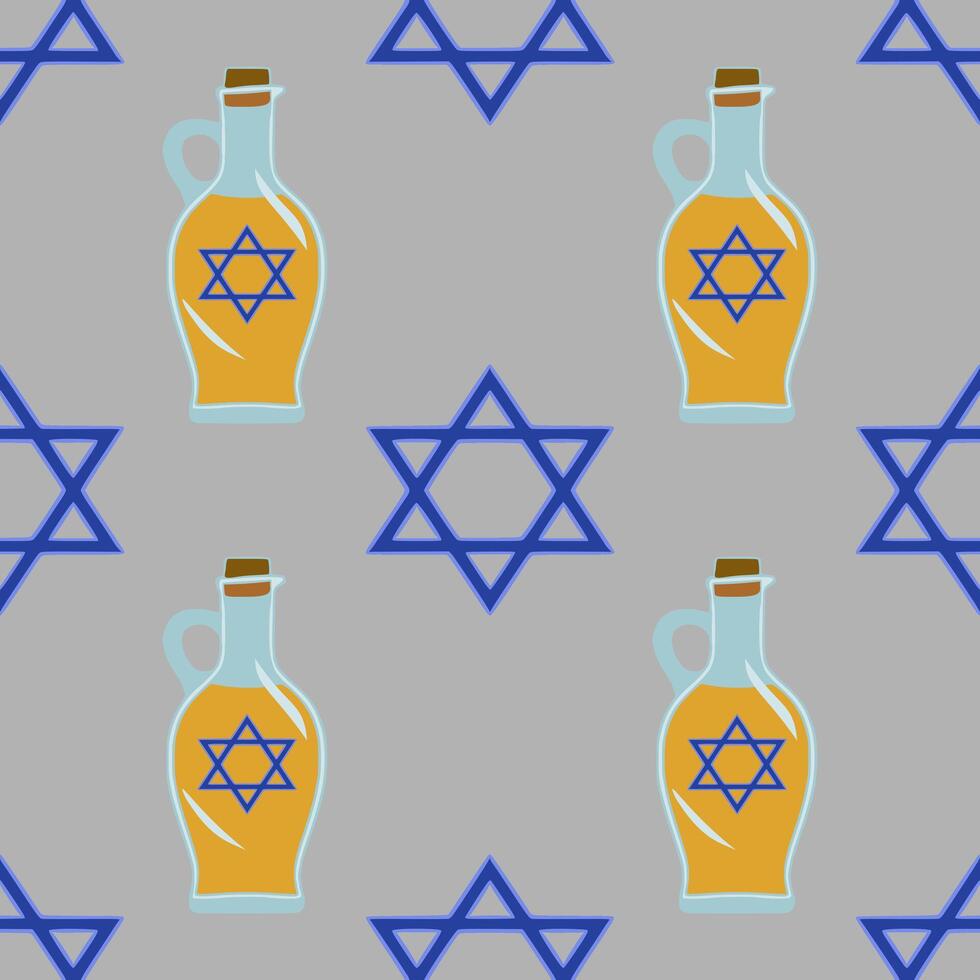 Seamless pattern featuring stylized oil decanters with Star of David symbols and geometric star shapes, perfect for Hanukkah or Jewish holiday designs. vector