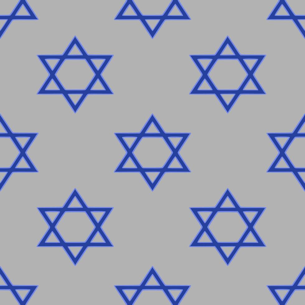 Seamless pattern of blue Star of David symbols on a gray background, ideal for Hanukkah or Jewishthemed designs. vector