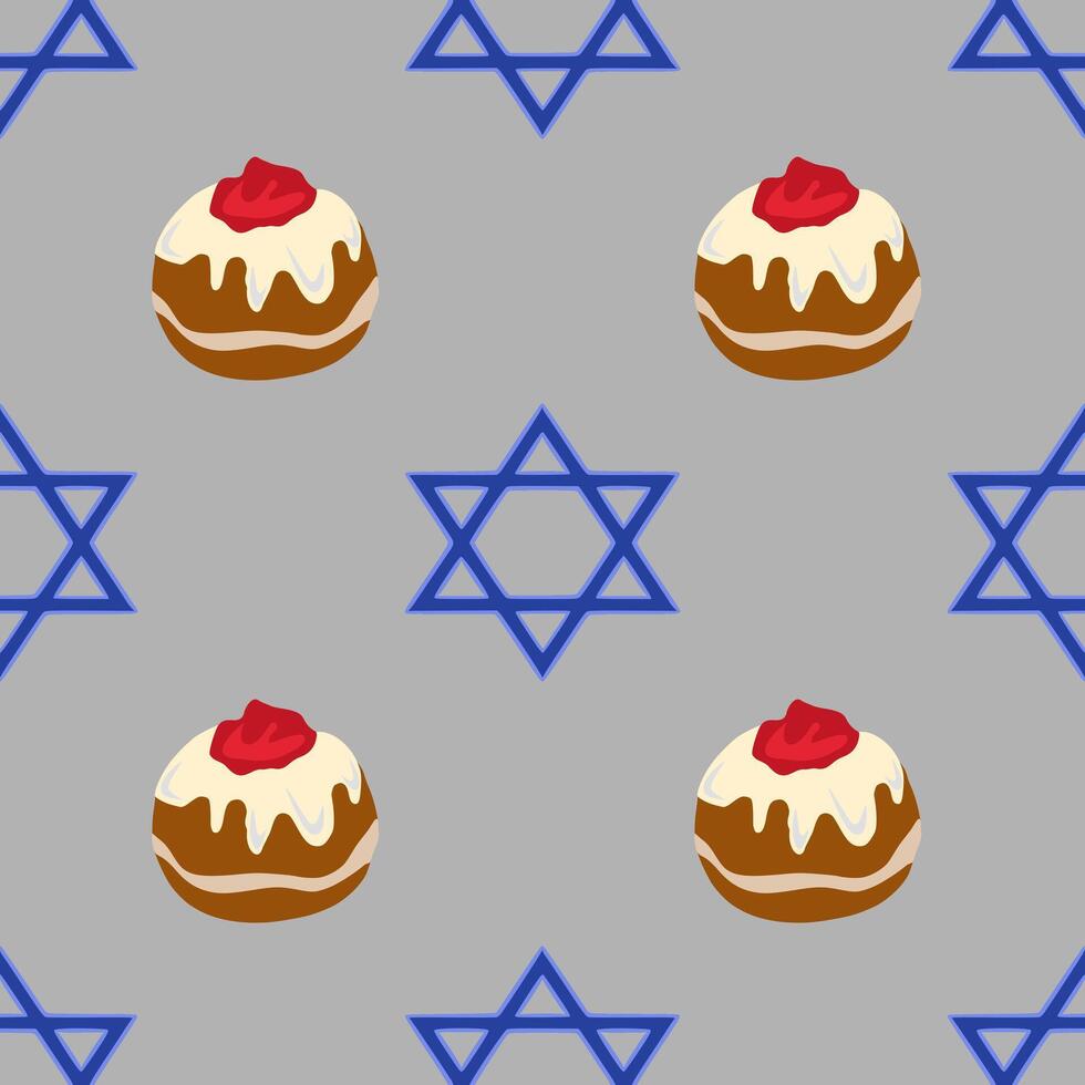 Seamless pattern featuring sufganiyot and Star of David, ideal for Hanukkah celebrations, with a unique blend of festive food and religious symbol. vector