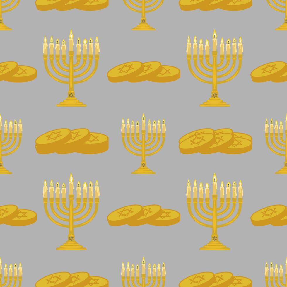 Seamless pattern of golden menorahs with lit candles and stacks of Hanukkah gelt coins on a gray background, ideal for festive holiday designs. vector