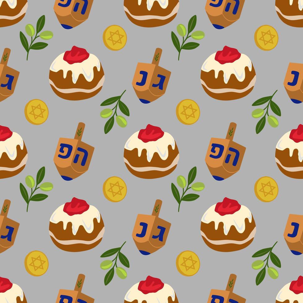 Seamless pattern featuring Hanukkah sufganiyot, dreidels, olive branches, and gold coins, creating a festive and joyful holiday design. vector
