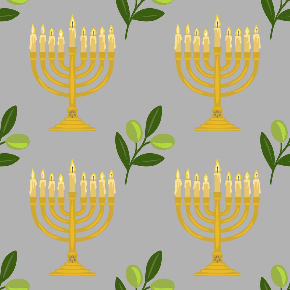 Seamless pattern of golden menorahs with burning candles and olive branches on a gray background, perfect for Hanukkah celebrations. vector