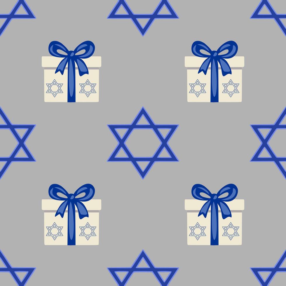 Seamless pattern featuring Hanukkah gift boxes with blue bows and Star of David symbols on a gray background, ideal for festive designs and holiday wrapping. vector