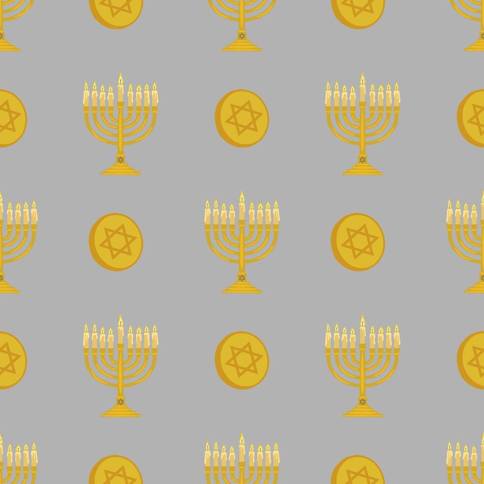 Seamless pattern featuring golden menorahs with lit candles and Star of David coins, creating a festive Hanukkah design perfect for holiday backgrounds and celebrations. vector