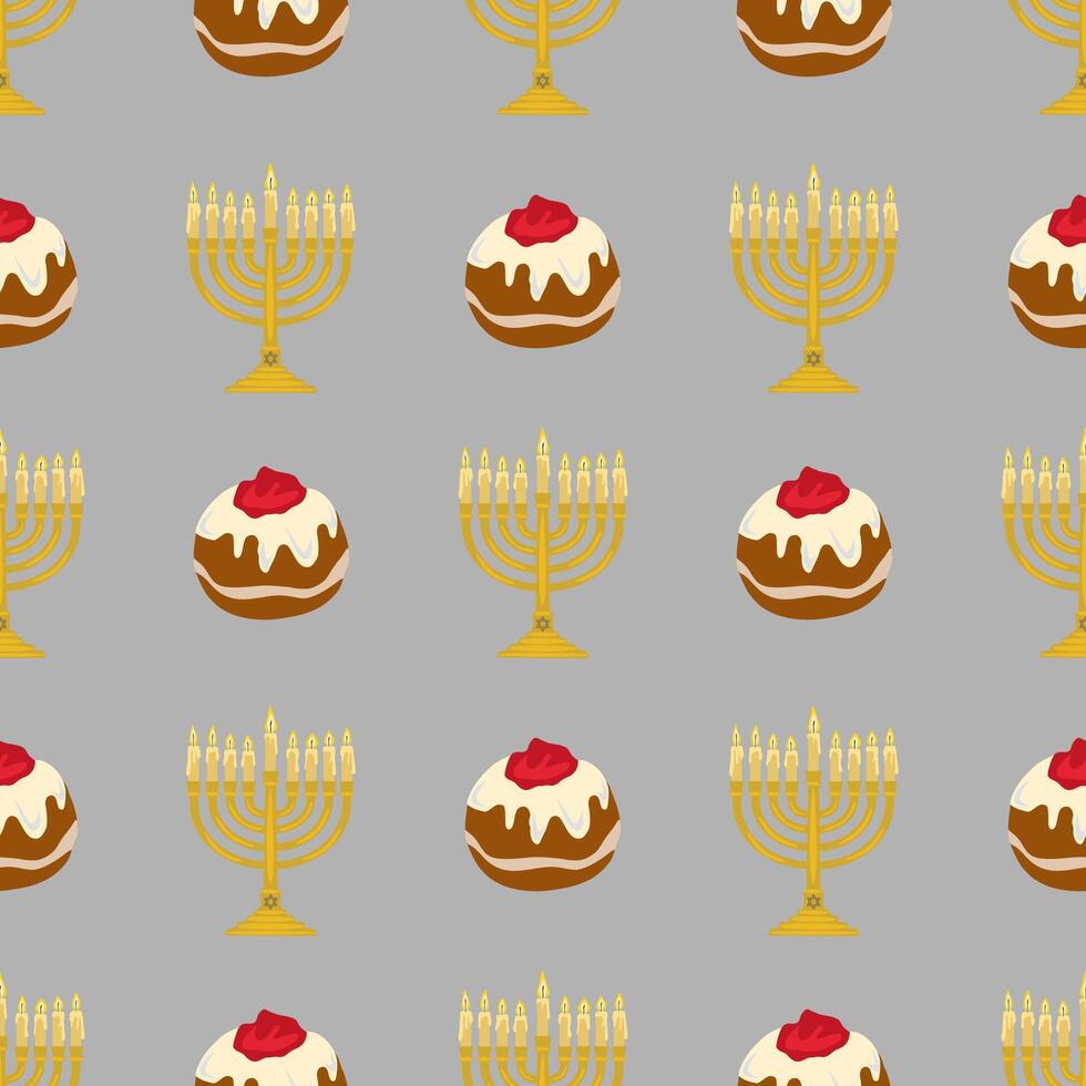 Seamless pattern featuring menorahs with lit candles and sufganiyot, symbolic of Hanukkah, designed in a flat style with a grey background. vector
