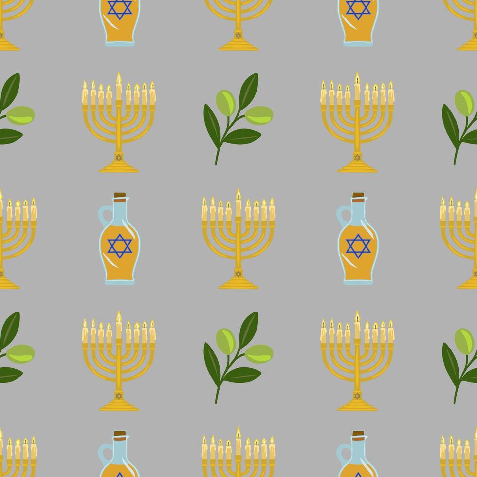 Seamless pattern featuring menorahs, olive branches, and oil decanters, symbolizing Hanukkahs traditions and festive spirit, with a muted grey background. vector