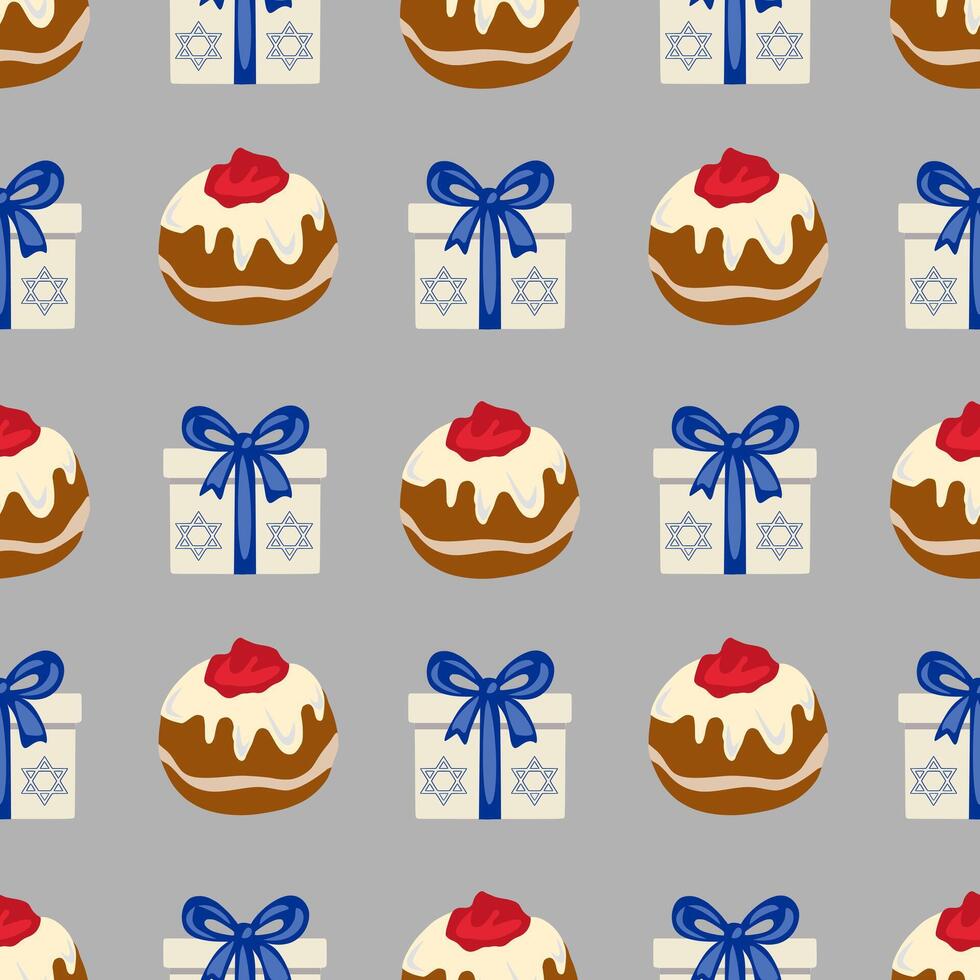 Seamless pattern featuring sufganiyot and gift boxes adorned with Star of David, ideal for Hanukkah celebrations and festive designs. vector