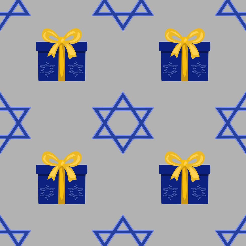Seamless pattern featuring blue gift boxes with yellow bows and Star of David symbols, perfect for Hanukkah or Jewish holiday designs. vector