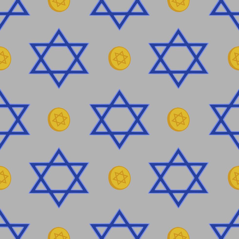 Seamless pattern featuring blue Star of David symbols and golden Hanukkah gelt coins on a gray background, ideal for festive holiday designs. vector