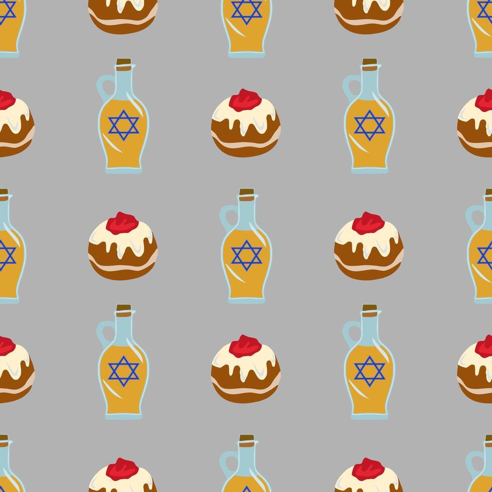 Seamless pattern with Sufganiyot and oil bottles, featuring the Star of David, for Hanukkah celebration. vector