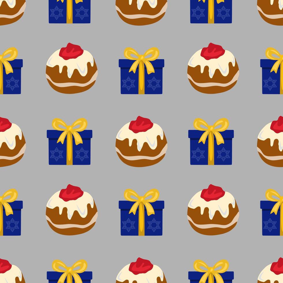 Seamless pattern featuring delicious sufganiyot and festive Hanukkah gift boxes, a delightful blend of traditional treats and celebratory presents, perfect for holiday designs. vector