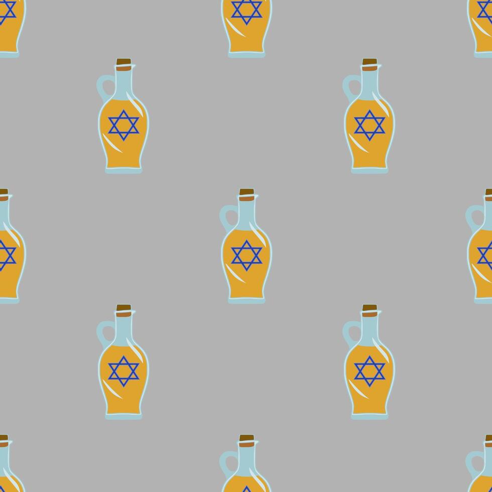 Seamless pattern of stylized oil decanters with Star of David, perfect for Hanukkah celebration design, featuring a muted grey background and vibrant yellowgold oil. vector