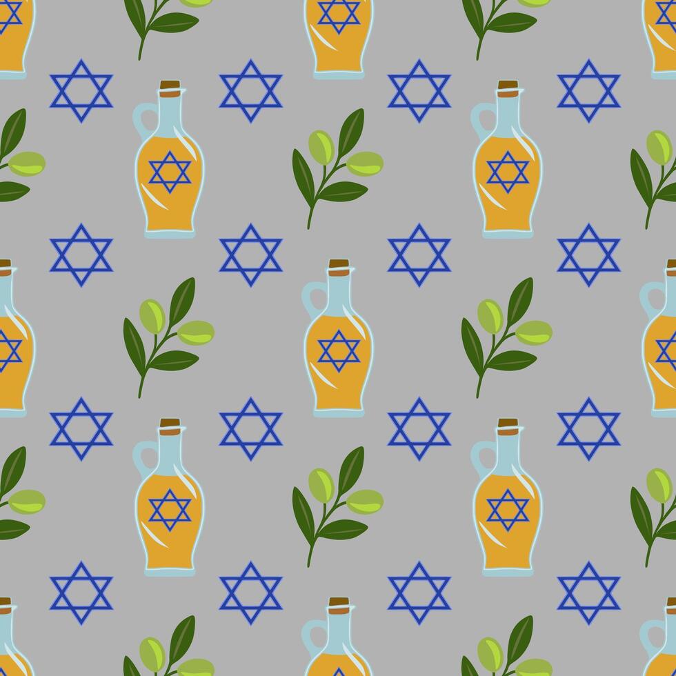 Seamless pattern featuring olive branches, oil bottles with Star of David symbols, and blue hexagrams on a gray background, perfect for Hanukkah celebrations or Jewishthemed designs. vector