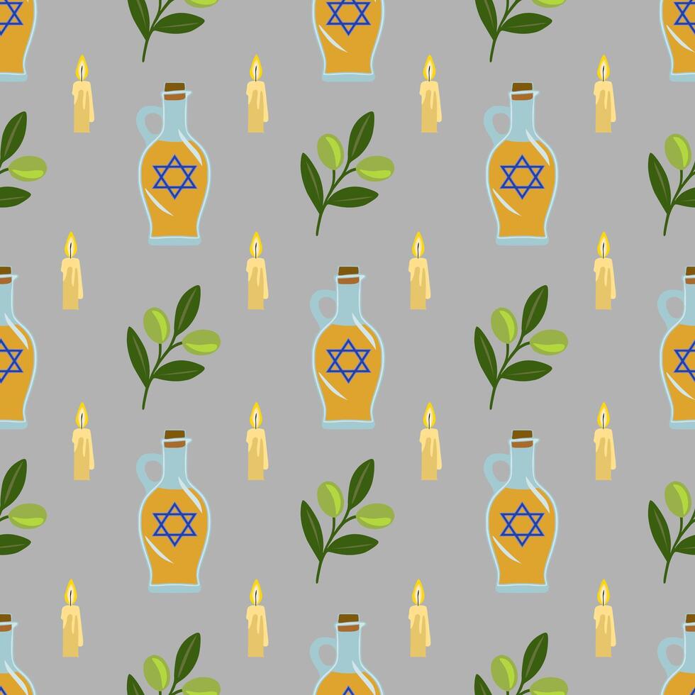 Seamless pattern featuring olive branches, candles, and oil decanters with Star of David, symbolizing Hanukkah traditions in a minimalist style. vector