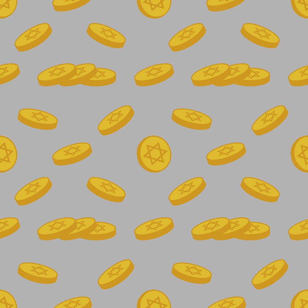 Seamless pattern of golden Hanukkah gelt coins with Star of David, playfully scattered on a grey background, ideal for festive design. vector
