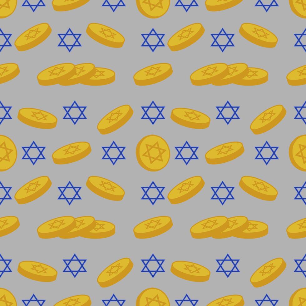Seamless pattern of golden Hanukkah gelt coins and blue Star of David, perfect for festive backgrounds and holiday designs. vector