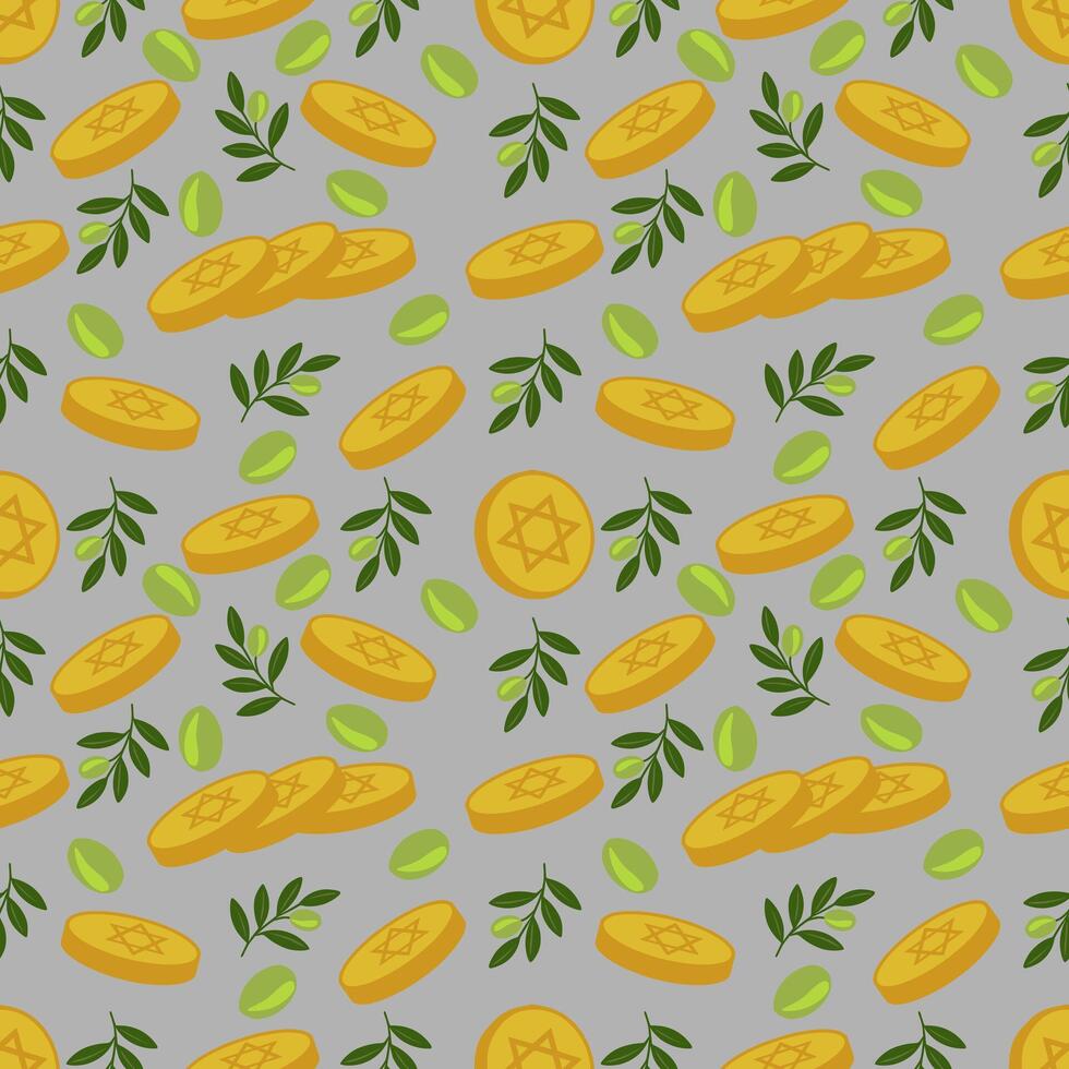 Seamless pattern of golden Hanukkah gelt coins, olive branches, and green beans, ideal for festive backgrounds and holiday designs. vector