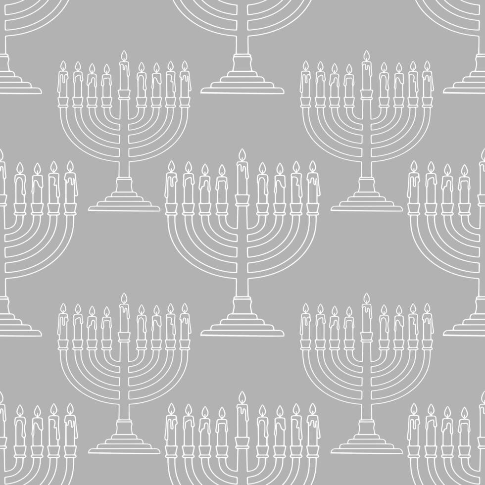 Seamless pattern of minimalistic grey Hanukkah menorahs with melting candles, ideal for festive backgrounds and holiday designs. vector