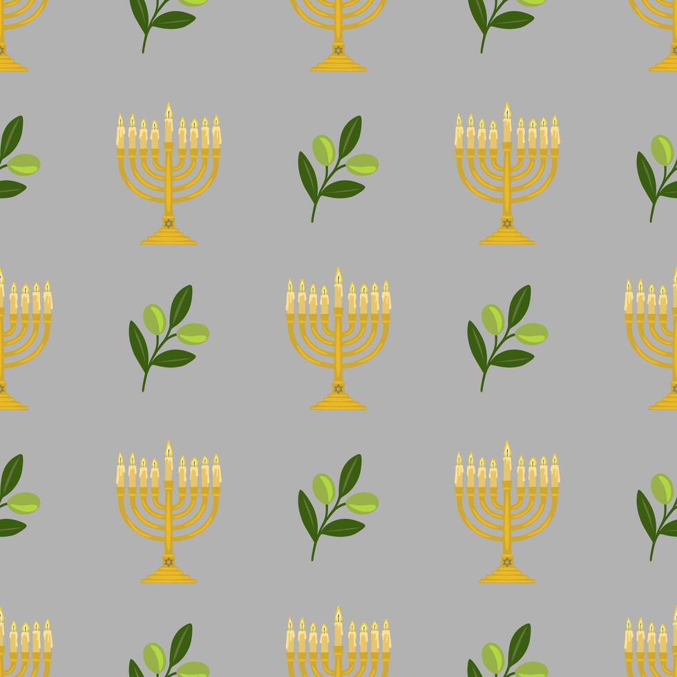 Seamless pattern featuring golden menorahs with lit candles and olive branches on a grey background, ideal for Hanukkah celebrations and festive designs. vector