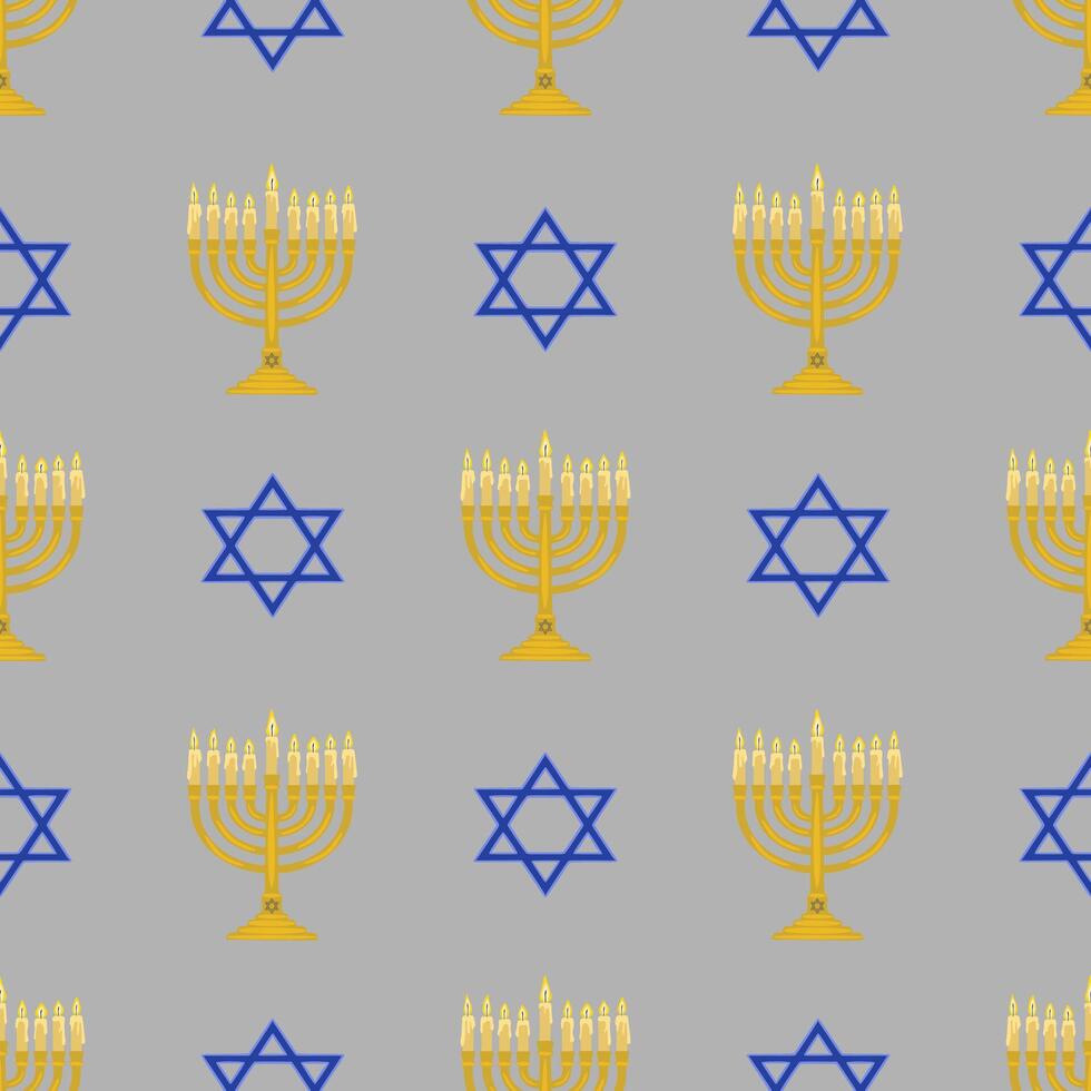 Seamless pattern featuring golden menorahs with lit candles and blue Star of David symbols on a gray background, ideal for Hanukkah celebrations and Jewishthemed designs. vector