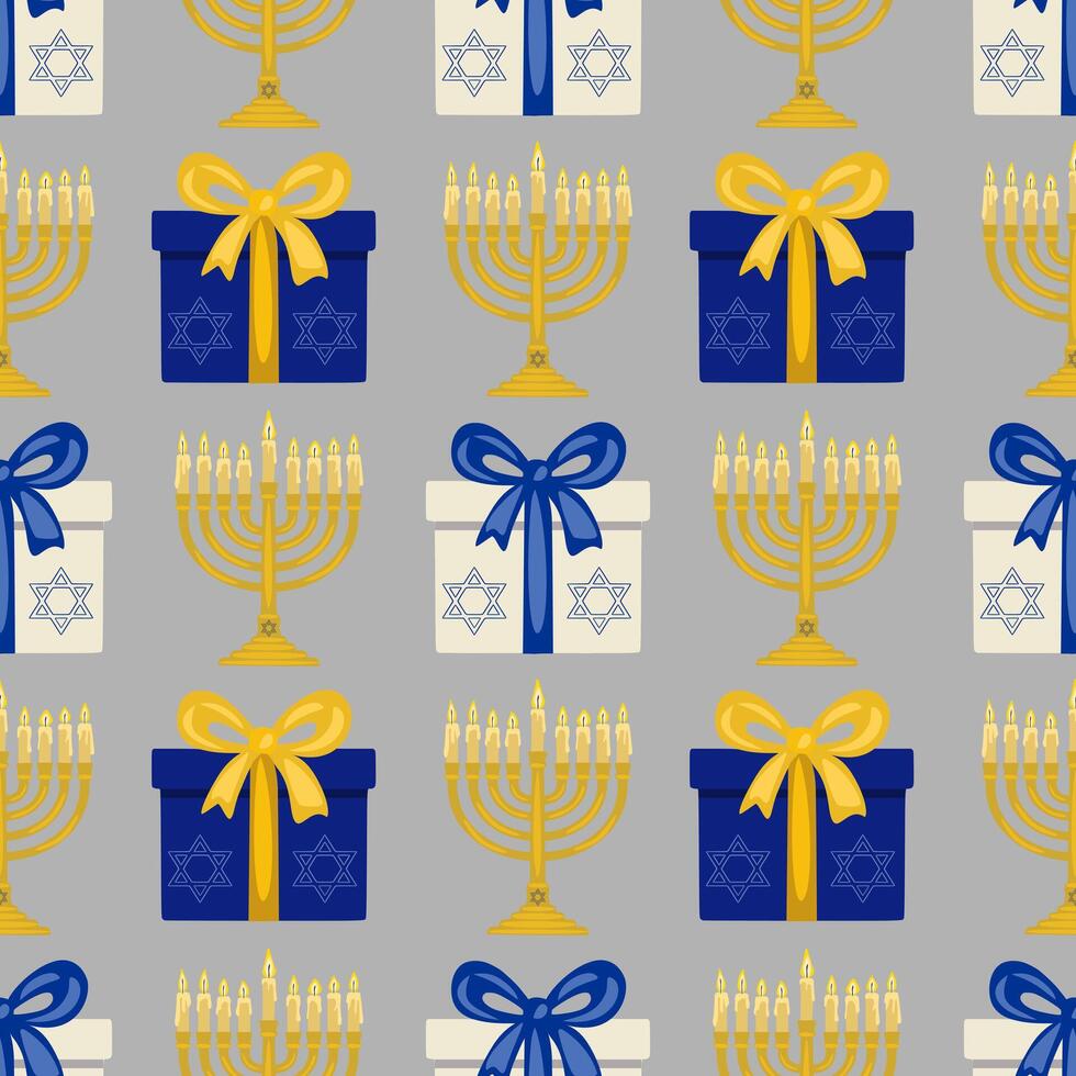 Seamless pattern featuring menorahs, gifts with Star of David, and lit candles, perfect for Hanukkah celebrations and festive designs. vector