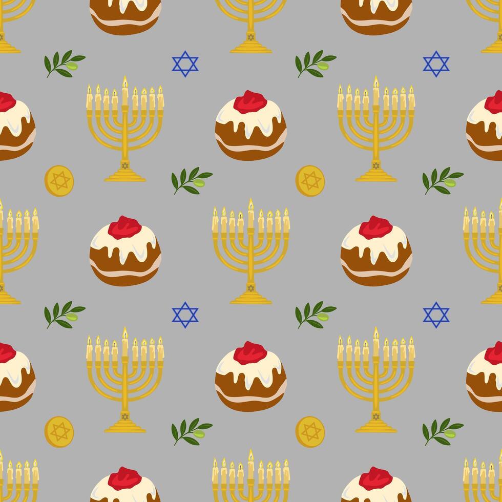Seamless pattern featuring menorahs, sufganiyot, olive branches, and Star of David symbols, ideal for Hanukkah celebrations and festive designs. vector