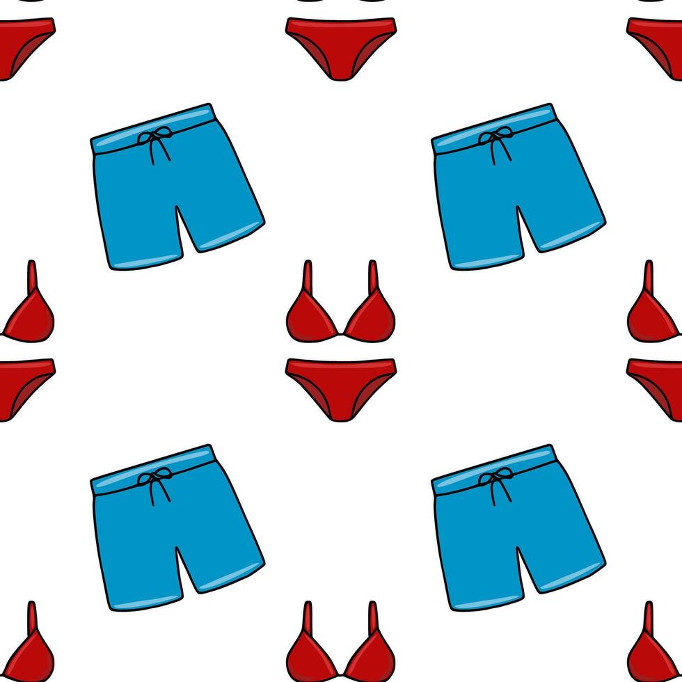 Seamless pattern featuring a playful arrangement of red bikinis and turquoise swim trunks, creating a vibrant summer beach vibe. vector
