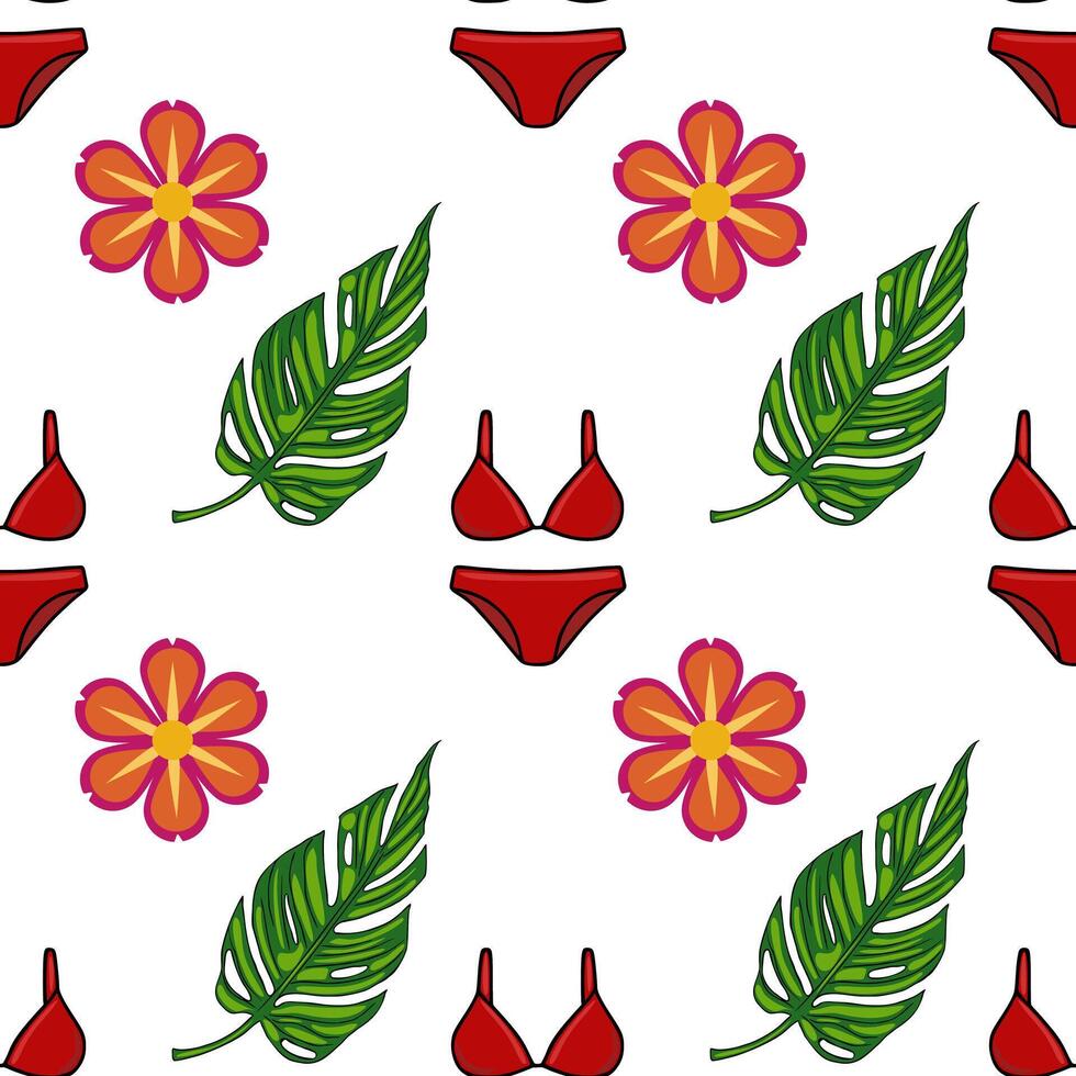 Seamless pattern featuring vibrant red bikini, tropical monstera leaves, and stylized orange flowers on a white background, ideal for summer fashion or beachthemed designs. vector