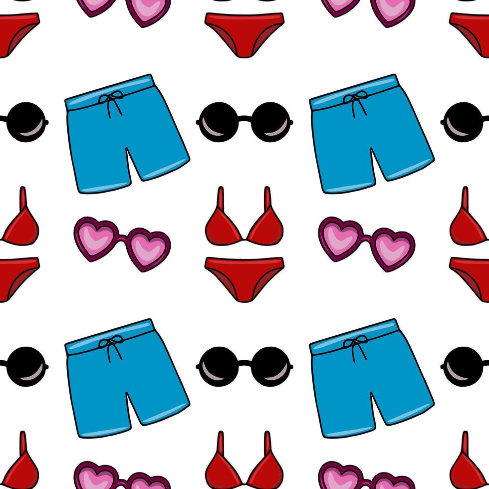 Seamless pattern featuring vibrant summer beachwear red bikinis, turquoise swim shorts, and heartshaped sunglasses, ideal for textile prints or summerthemed designs. vector