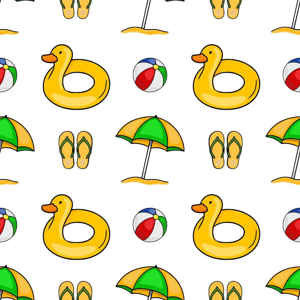 Seamless pattern with cheerful yellow duck inflatable rings, beach umbrellas, flipflops, and beach balls, creating a vibrant summer holiday design. vector