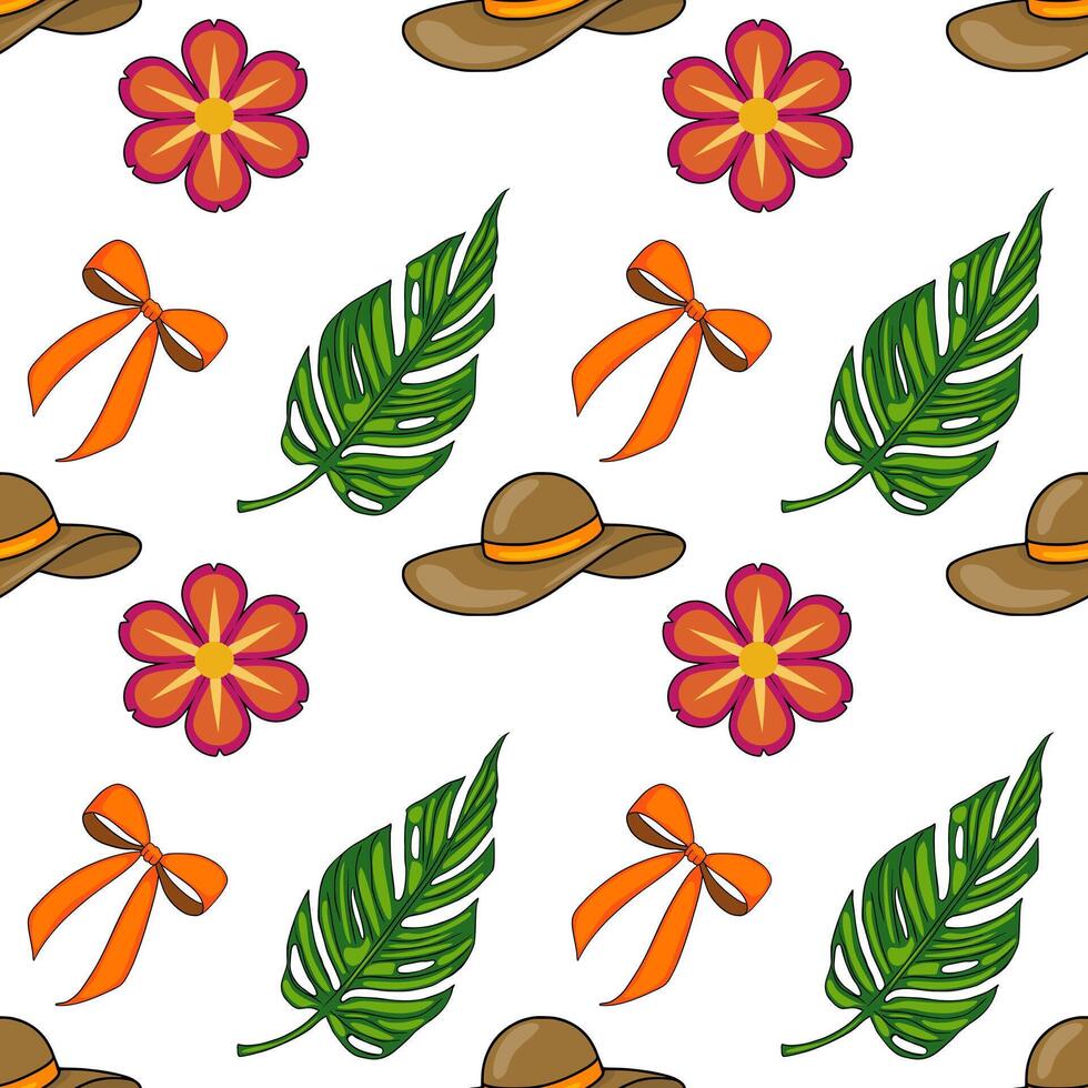 Seamless pattern featuring vibrant tropical flowers, lush monstera leaves, stylish sun hats, and cheerful orange bows, creating a cheerful summer vibe. vector