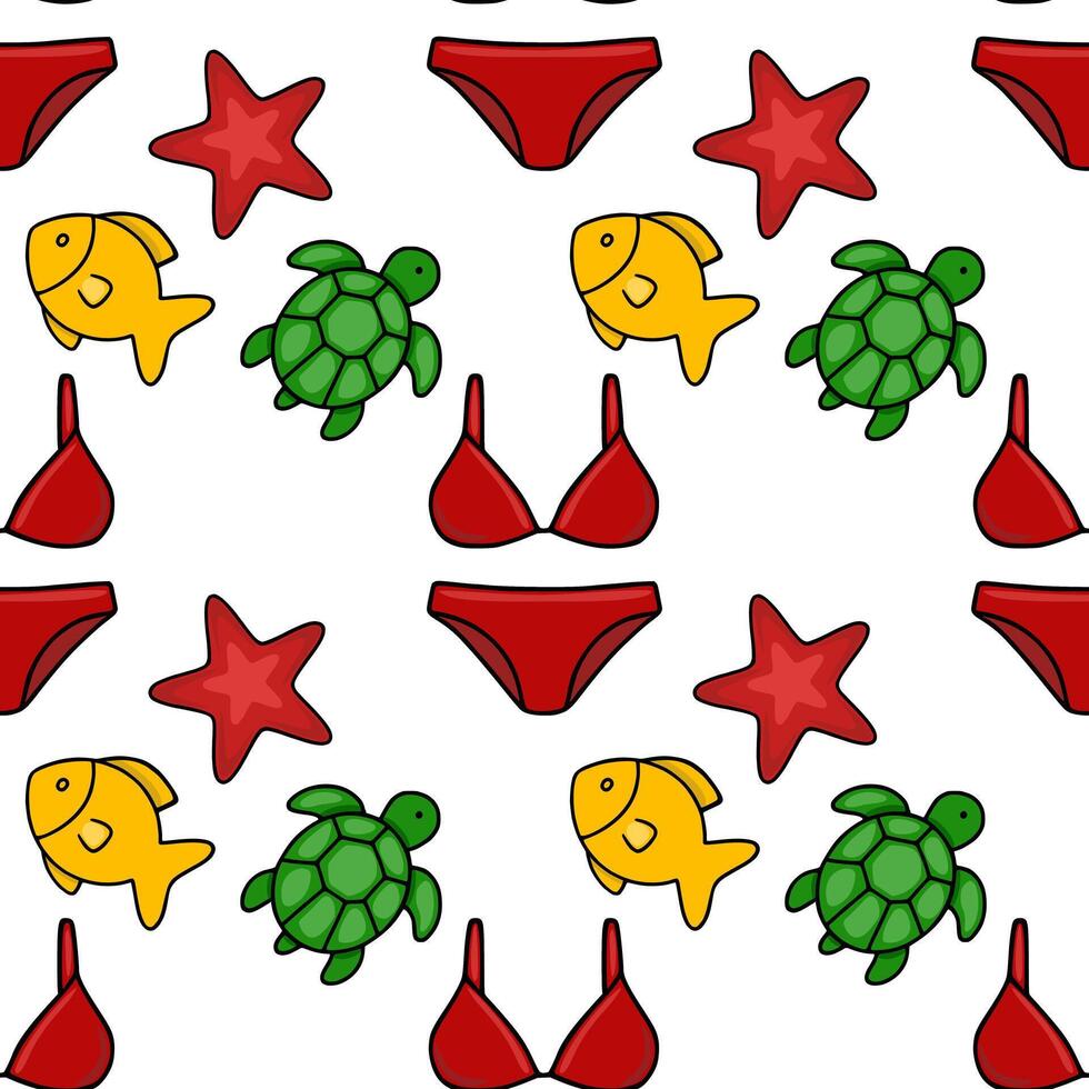 Seamless pattern with cute cartoon sea animals, starfish and red bikini swimwear, perfect for summer textile print or beachthemed design. vector
